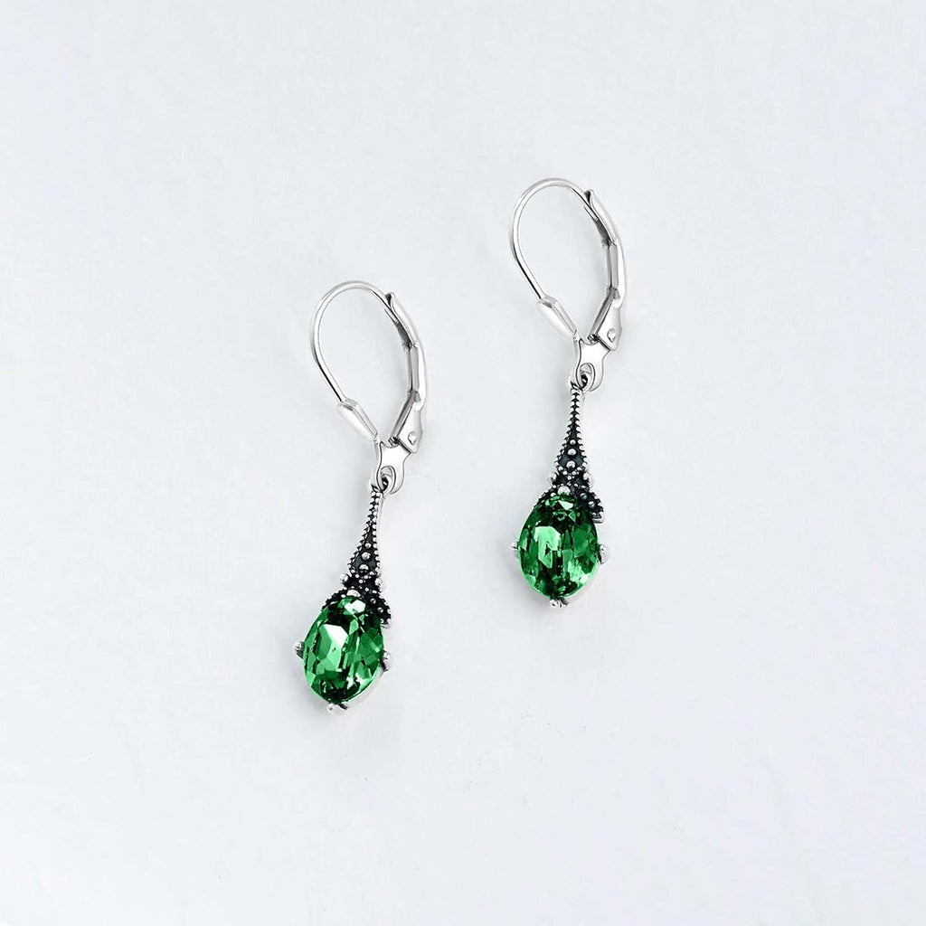 Sterling Silver Green Crystal Vintage Drop Earrings