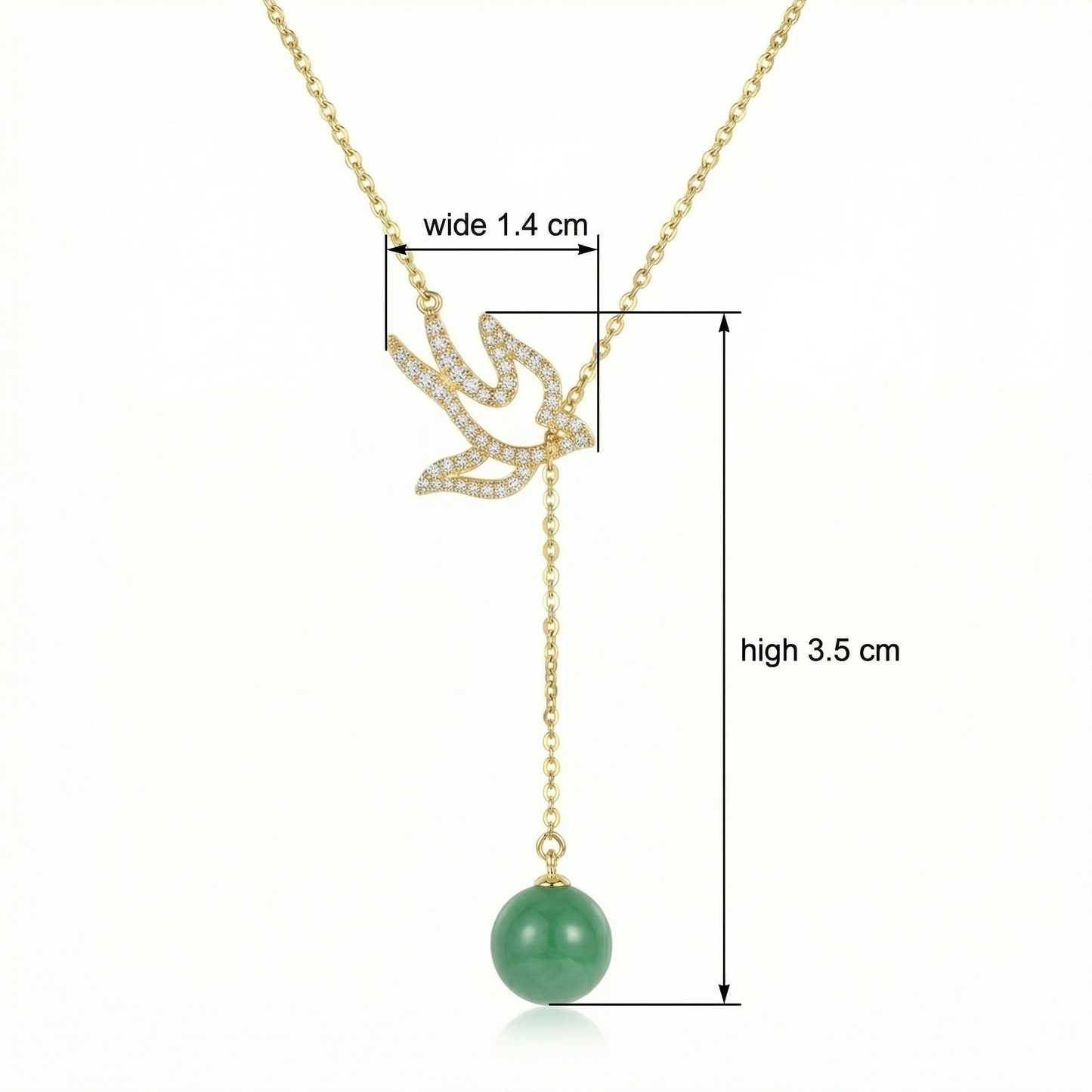 925 Sterling Silver Sparkling Zircon Swallow Necklaces with Elegant Green Jade Bead Drop - JewelryODM