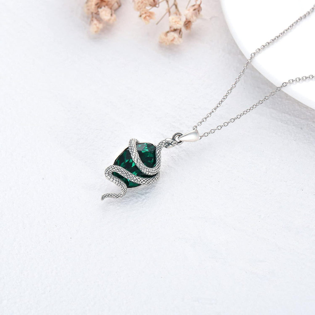 Sterling Silver Snake Emerald Crystal Pendant Necklace