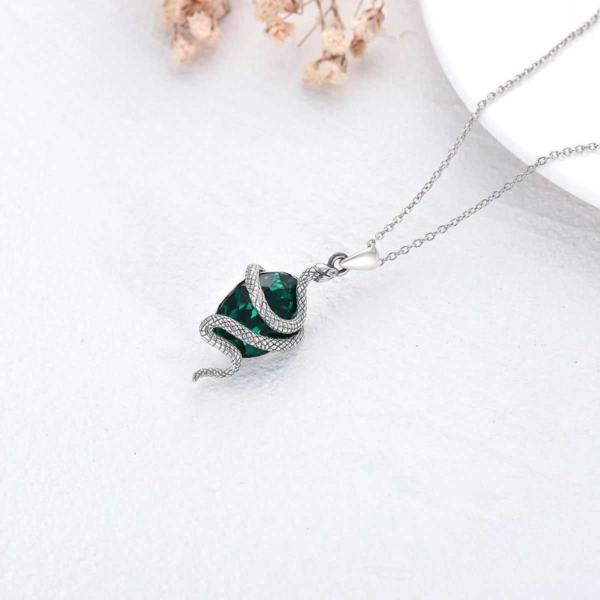 Sterling Silver Snake Emerald Crystal Pendant Necklace