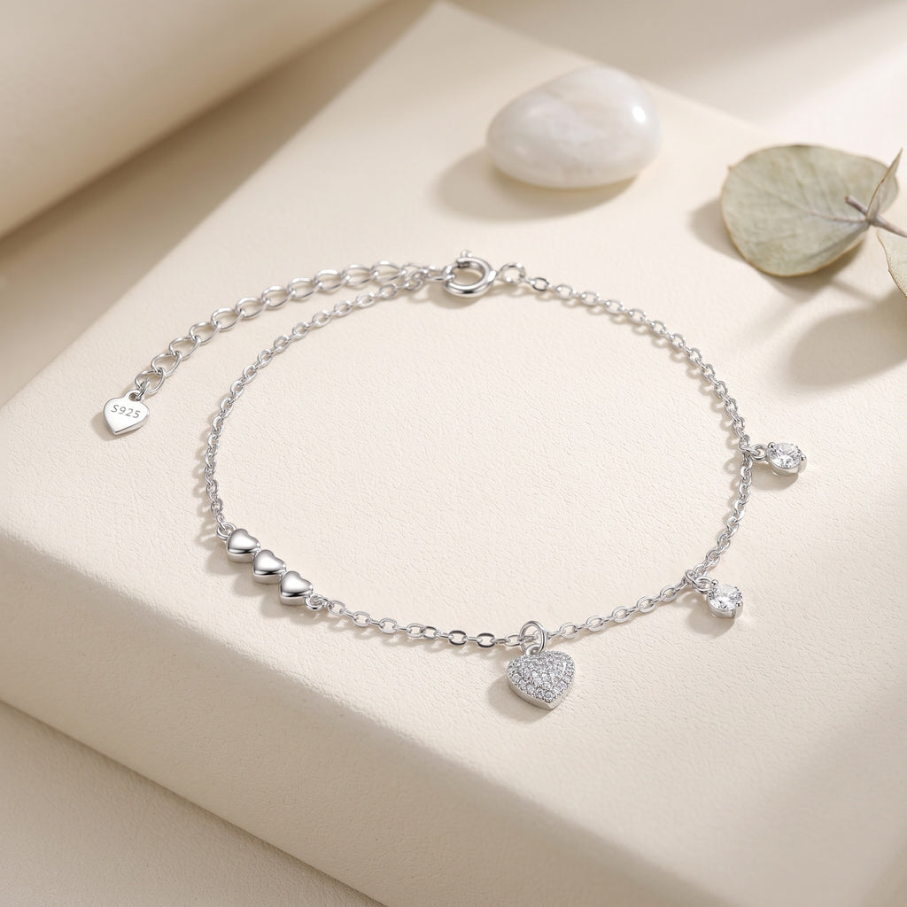 Sterling Silver Heart and Cubic Zirconia Station Anklet