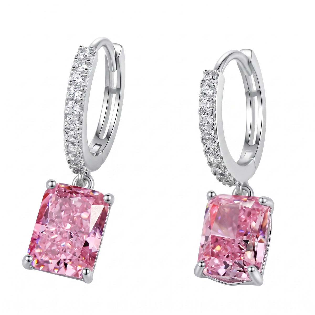 Sterling Silver Emerald-Cut Cubic Zirconia Drop Huggie Earrings