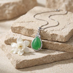 Green Teardrop Pendant Necklace with Sparkling Silver-Tone Halo