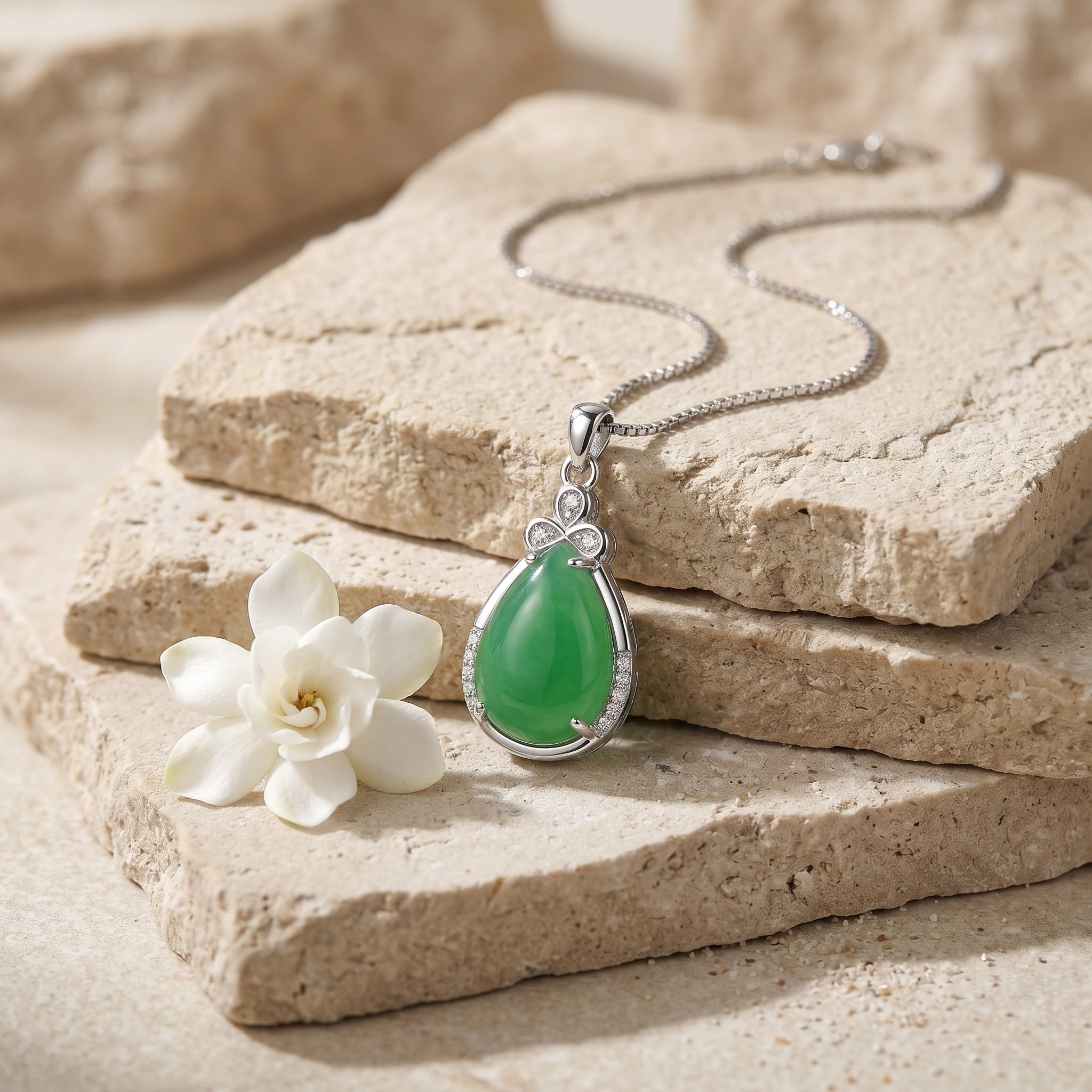 Green Teardrop Pendant Necklace with Sparkling Silver-Tone Halo