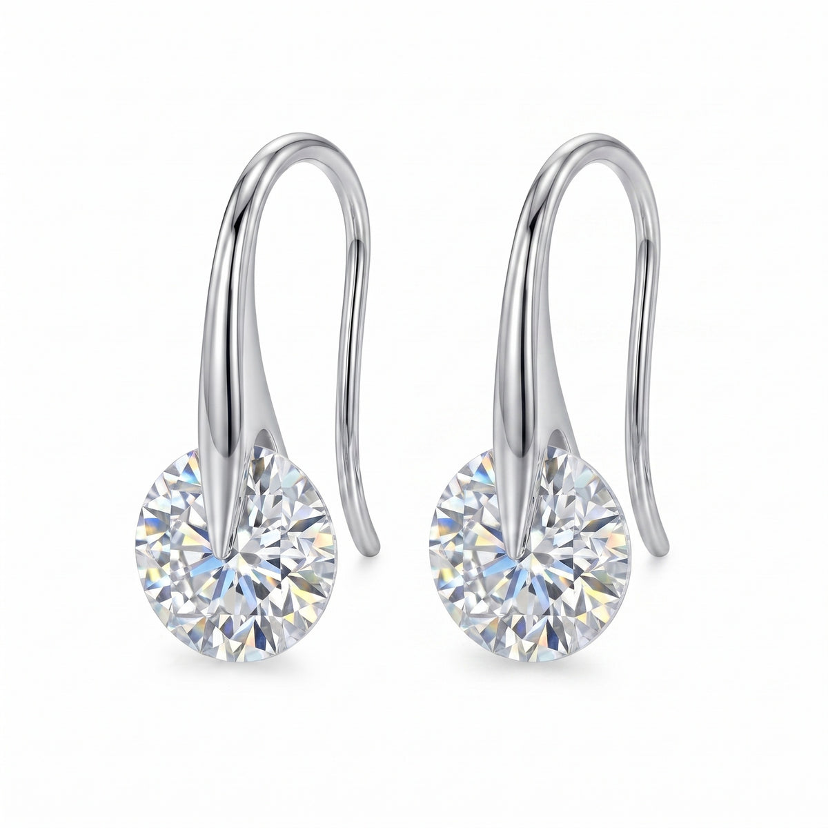 Sterling Silver Round Moissanite Hook Drop Earrings