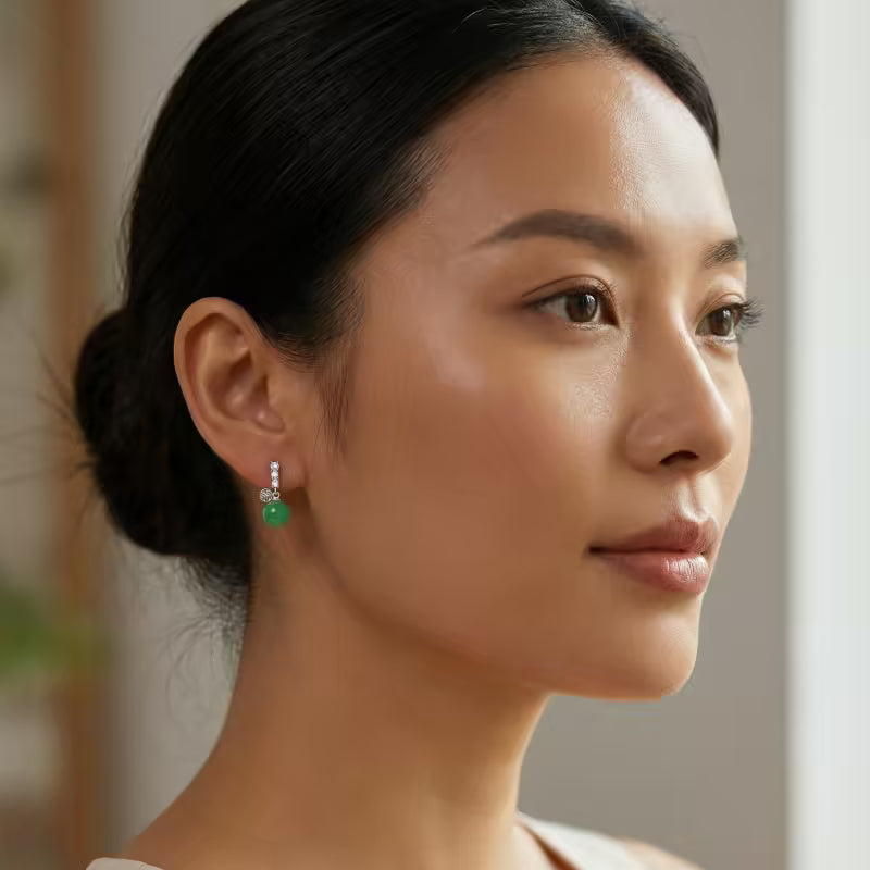 Elegant Green Jade Drop Earrings with Fortune Charms