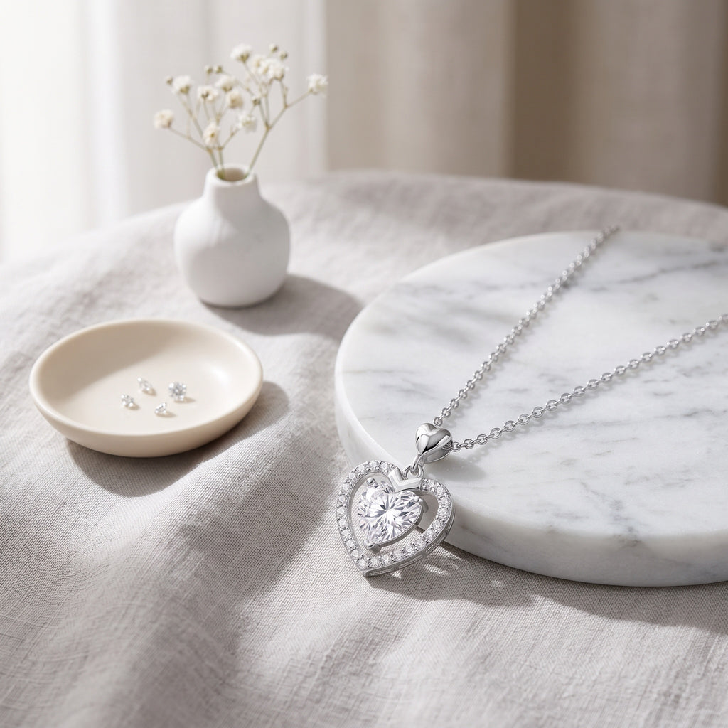 Sterling Silver Heart-Cut Moissanite Halo Pendant Necklace