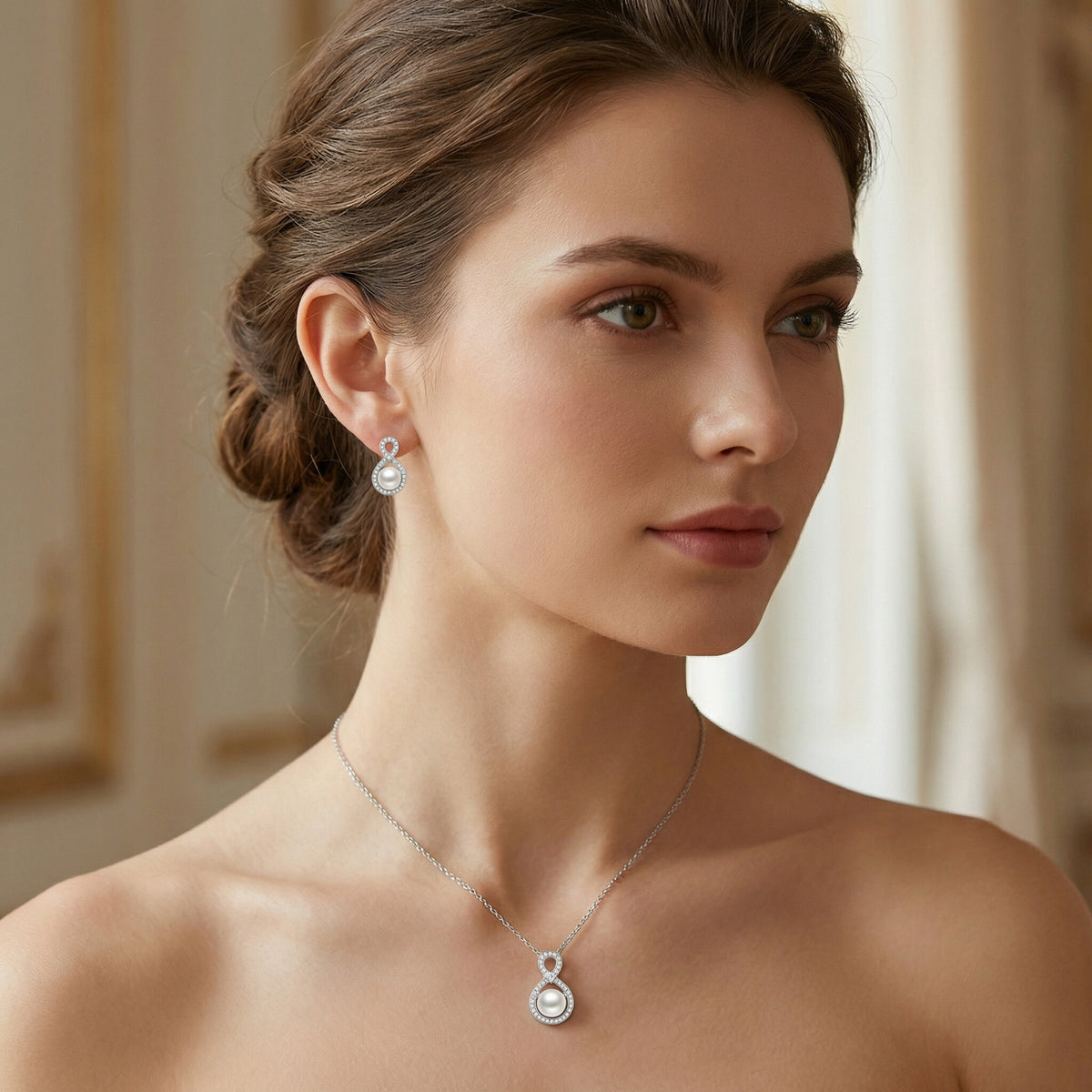 Sterling Silver Infinity Pearl Necklace and Earrings Set – Cubic Zirconia