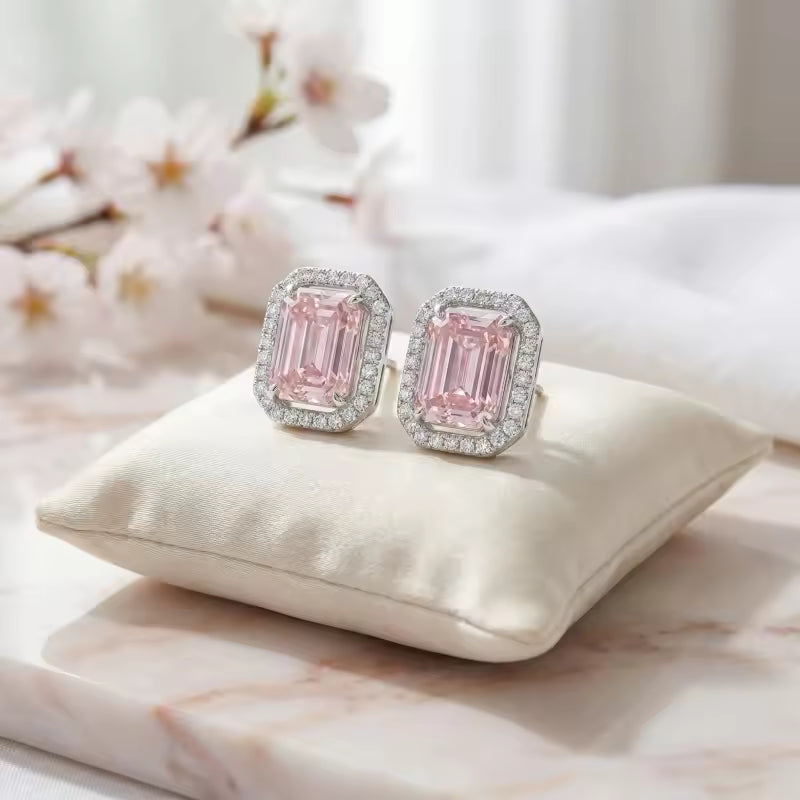 Sterling Silver Pink Emerald-Cut Gemstone Stud Earrings – Sparkling Halo Design
