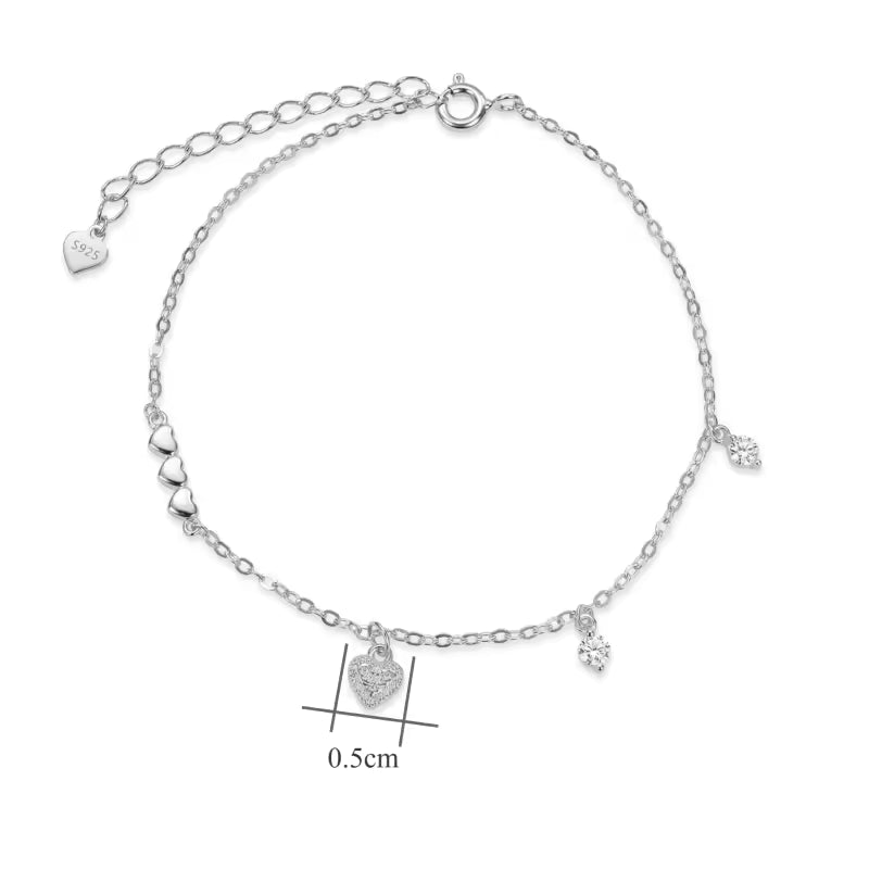Sterling Silver Heart and Cubic Zirconia Station Anklet