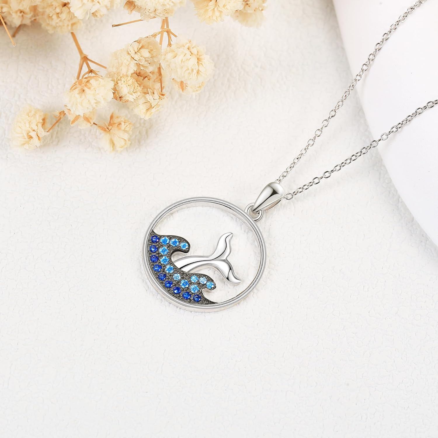 Sterling Silver Whale Tail Necklace with Blue Cubic Zirconia – 18-Inch Chain