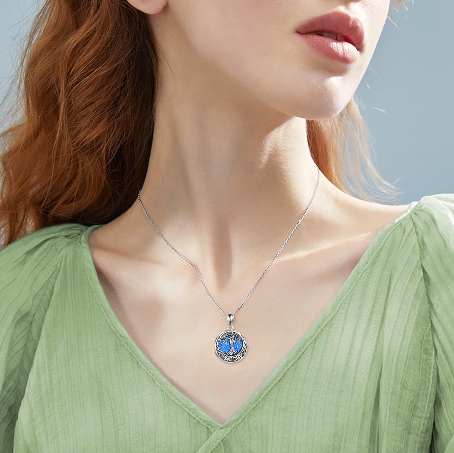 Tree of Life Locket Necklace with Blue Opal Inlay