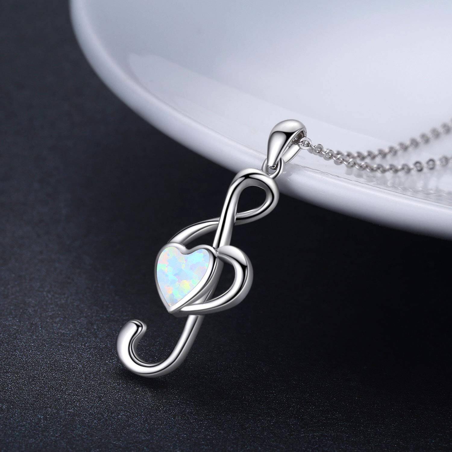 Music Note Pendant Necklace with Heart-Shaped Opal