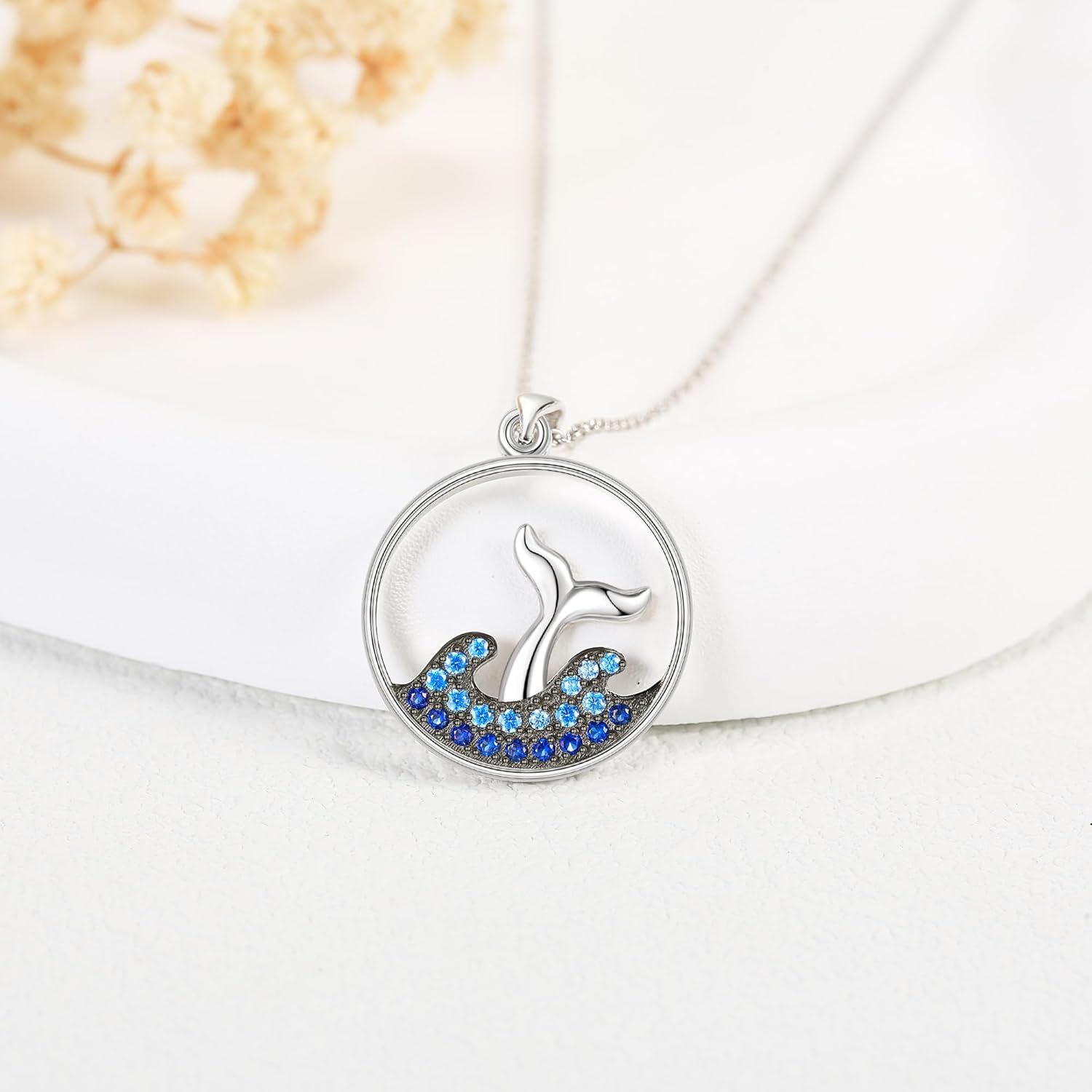 Sterling Silver Whale Tail Necklace with Blue Cubic Zirconia – 18-Inch Chain