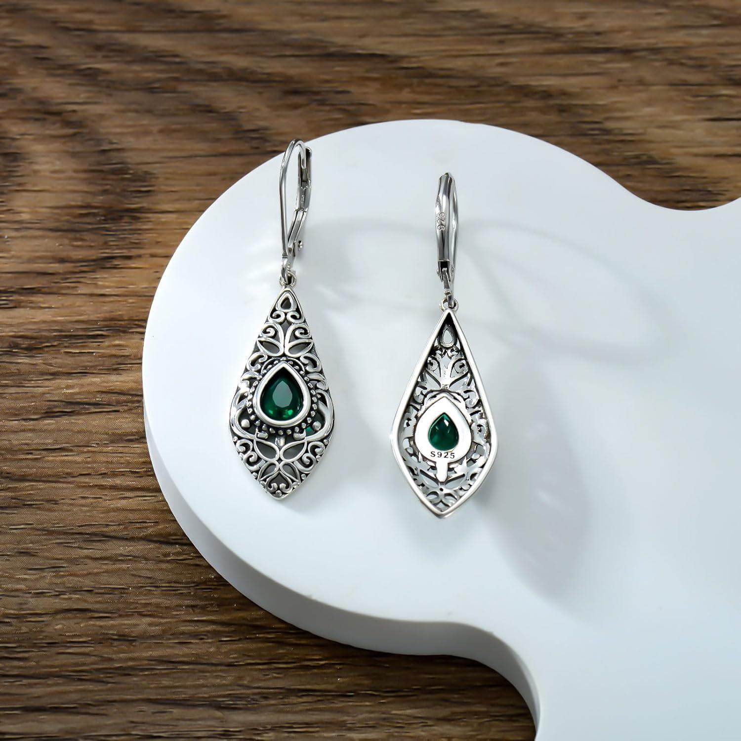 Sterling Silver Oxidised Emerald Drop Earrings – Ornate Teardrop Design