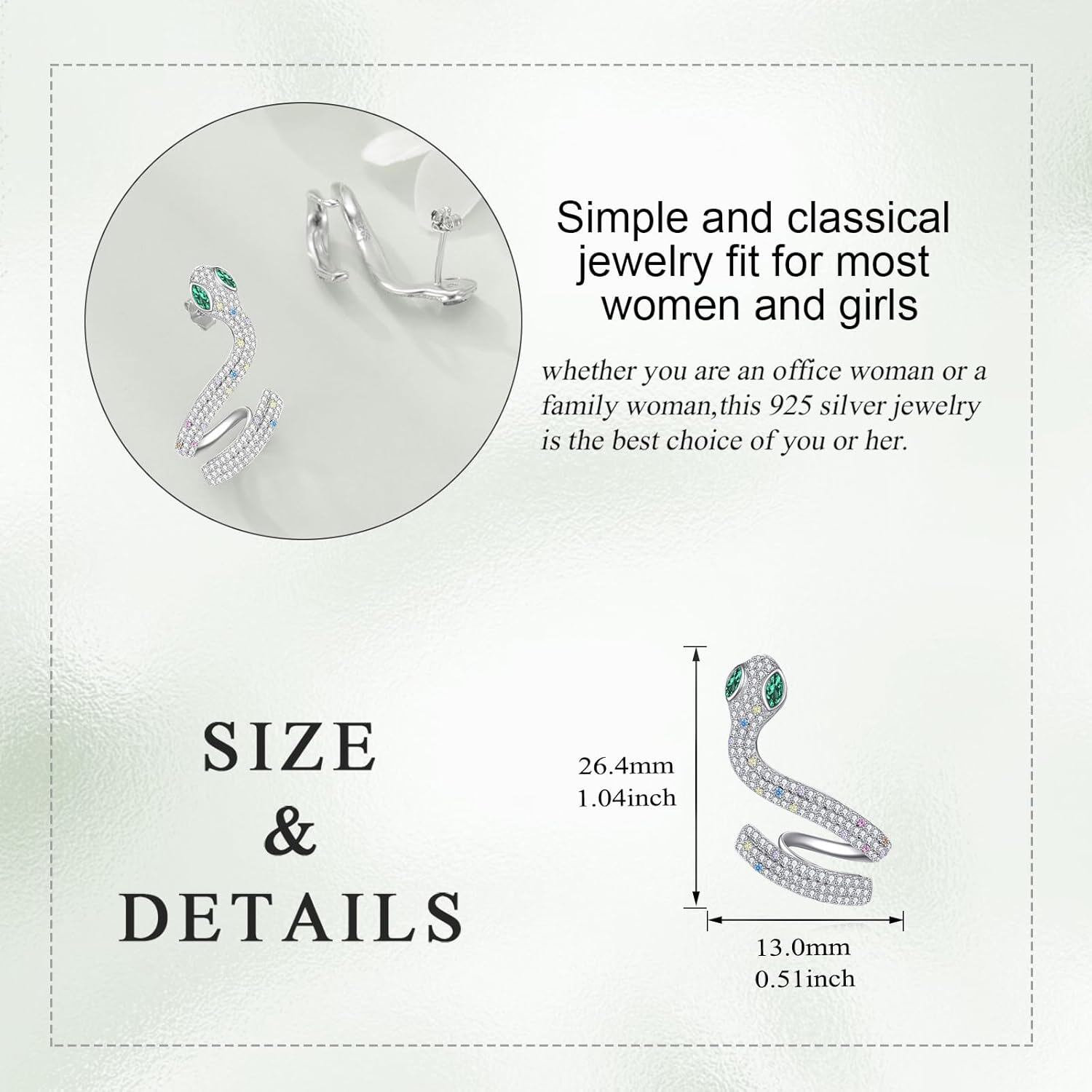 Sterling Silver Snake Stud Earrings with Green Eyes – Cubic Zirconia