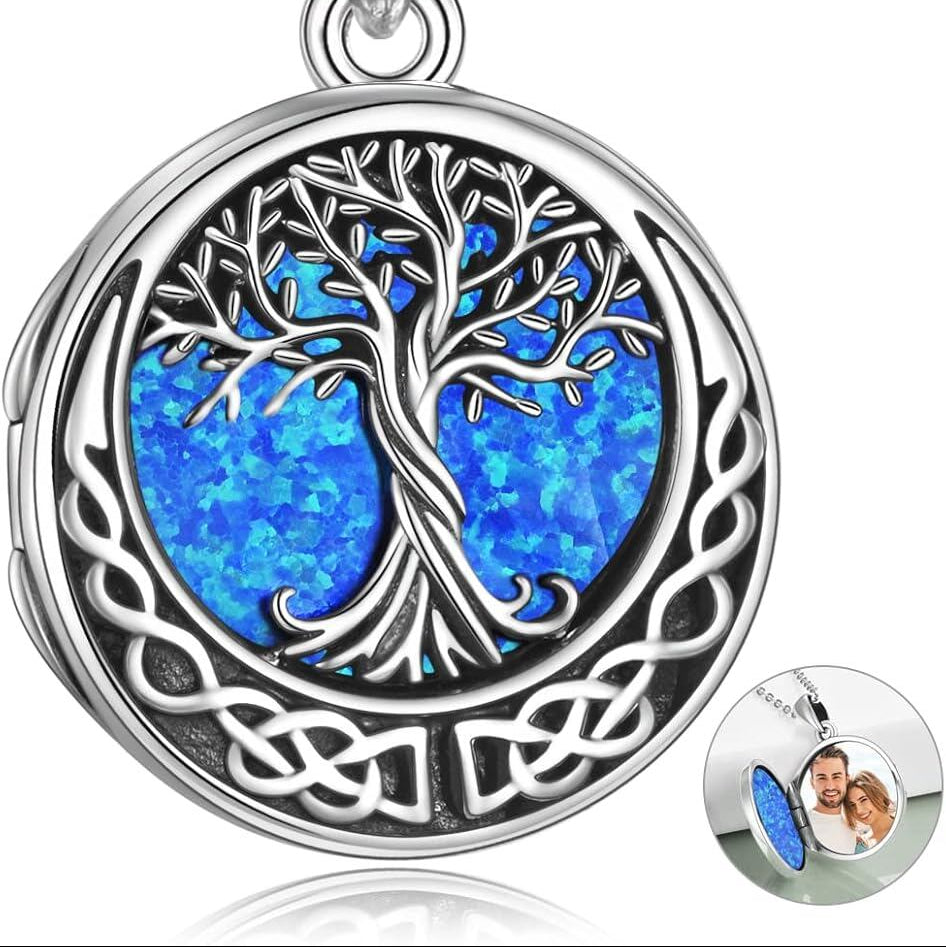 Tree of Life Locket Necklace with Blue Opal Inlay