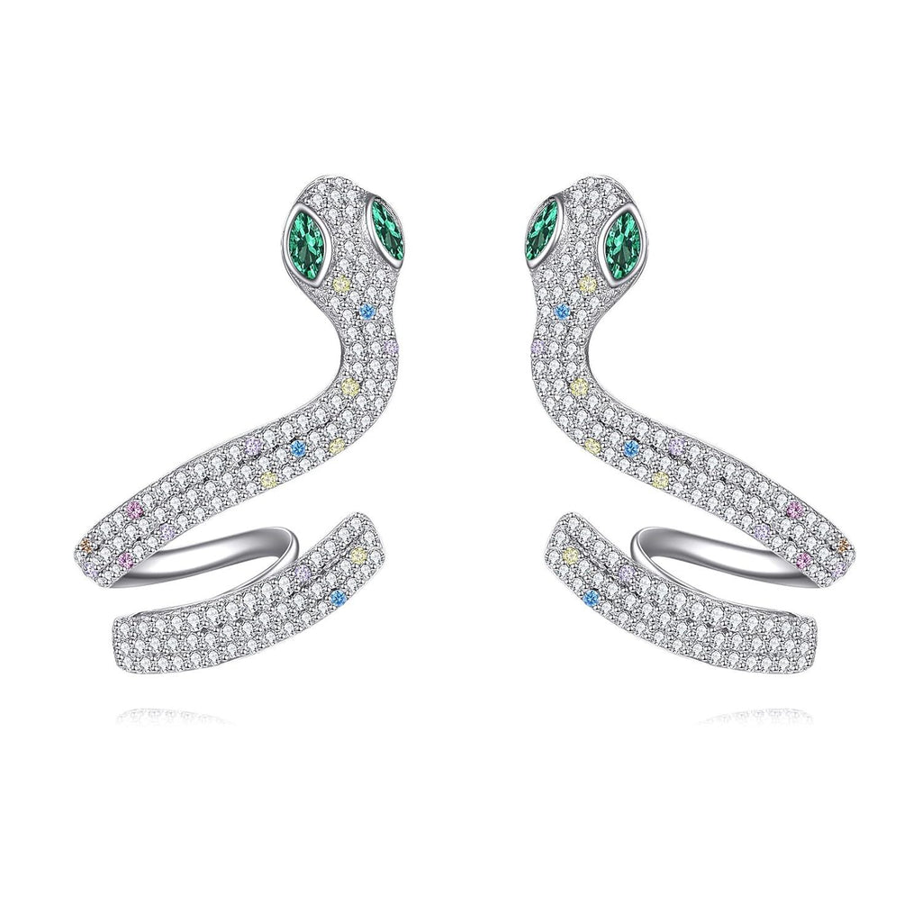 Sterling Silver Snake Stud Earrings with Green Eyes – Cubic Zirconia