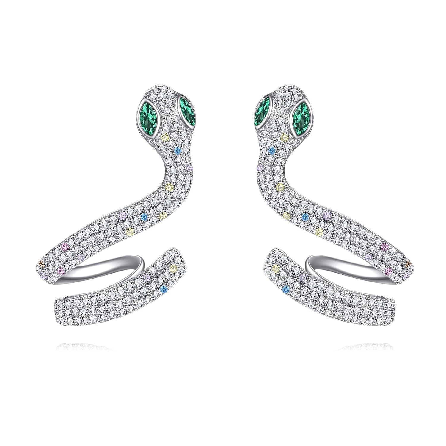 Sterling Silver Snake Stud Earrings with Green Eyes – Cubic Zirconia