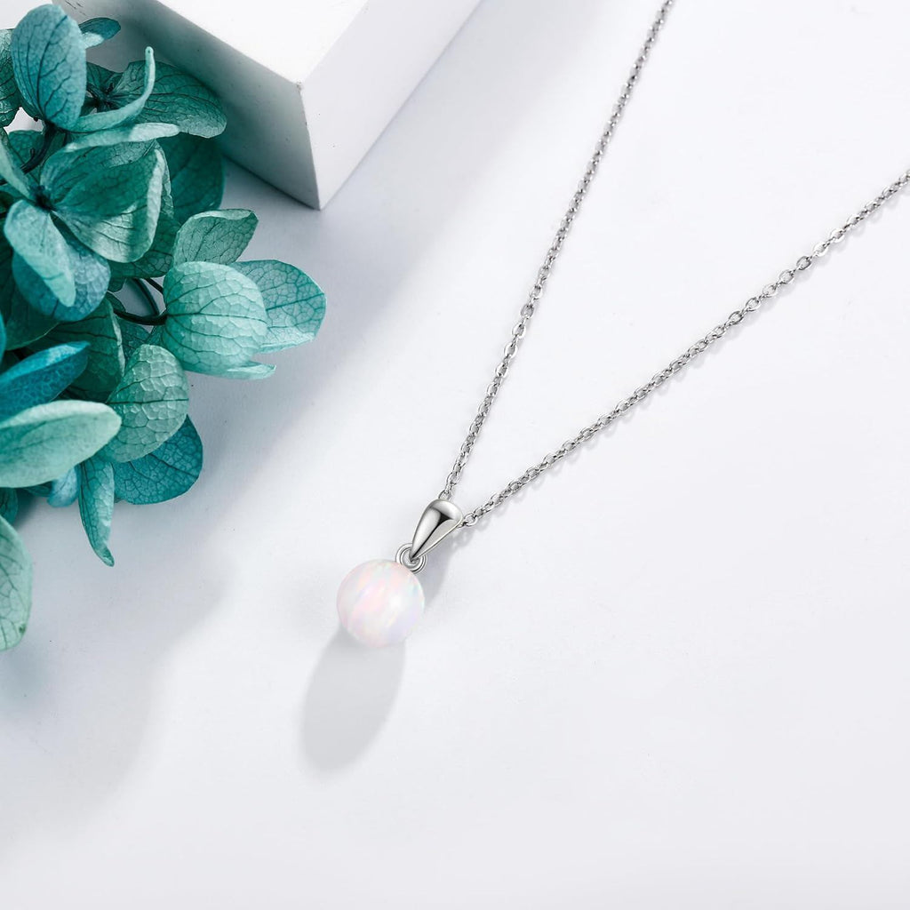 Sterling Silver White Opal Ball Pendant Necklace – October Birthstone