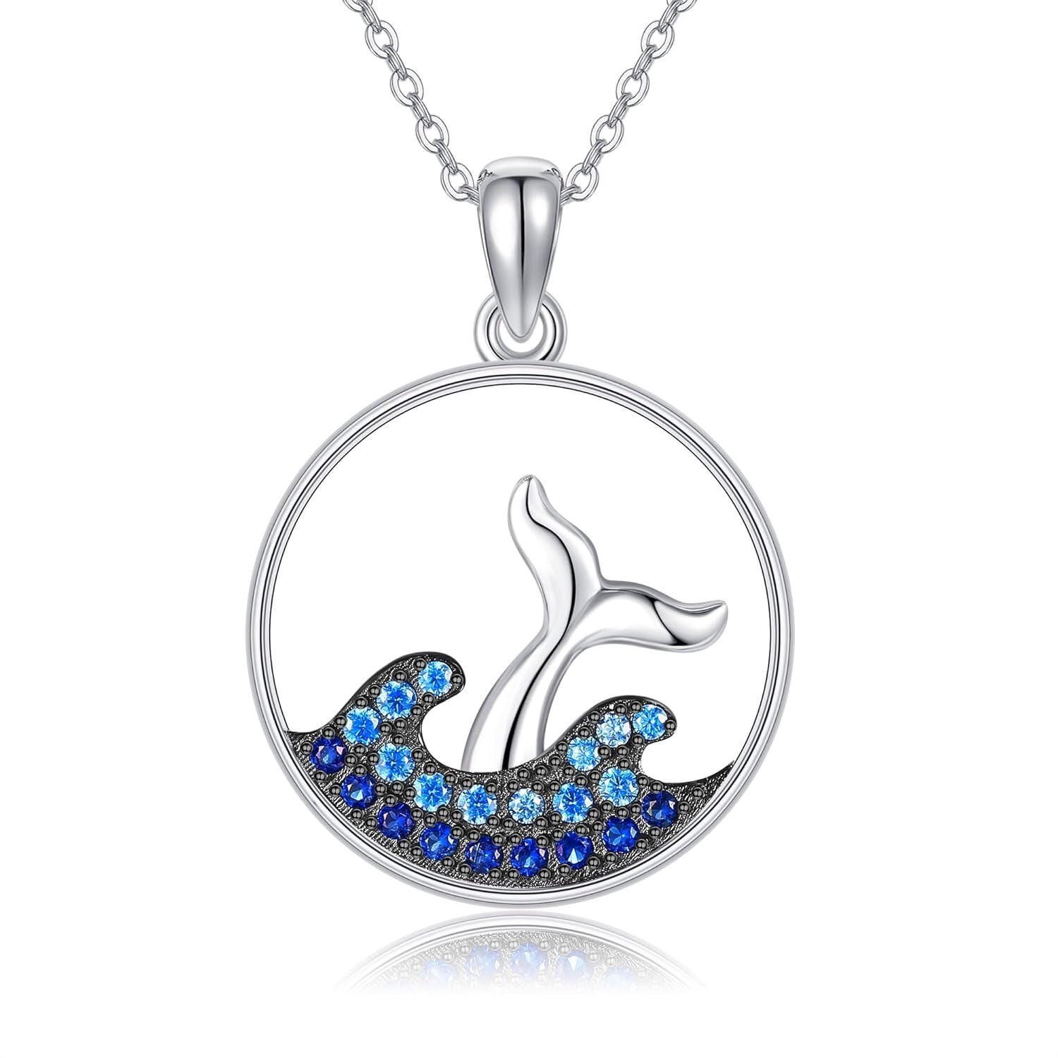 Sterling Silver Whale Tail Necklace with Blue Cubic Zirconia – 18-Inch Chain