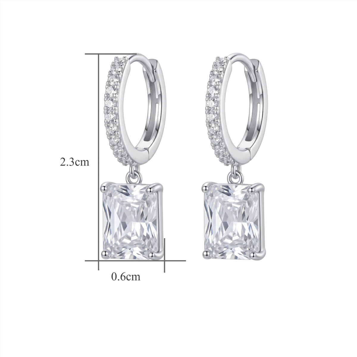 Sterling Silver Emerald-Cut Cubic Zirconia Drop Huggie Earrings
