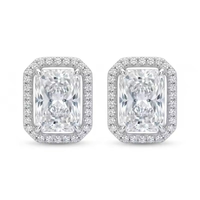 Sterling Silver Emerald-Cut Cubic Zirconia Halo Stud Earrings