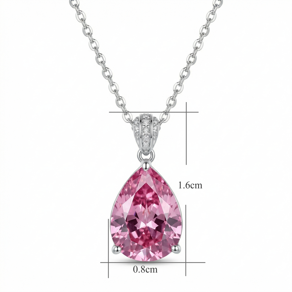 Pink Pear-Cut Pendant Necklace with Sparkling Bail – Silver-Tone Jewellery
