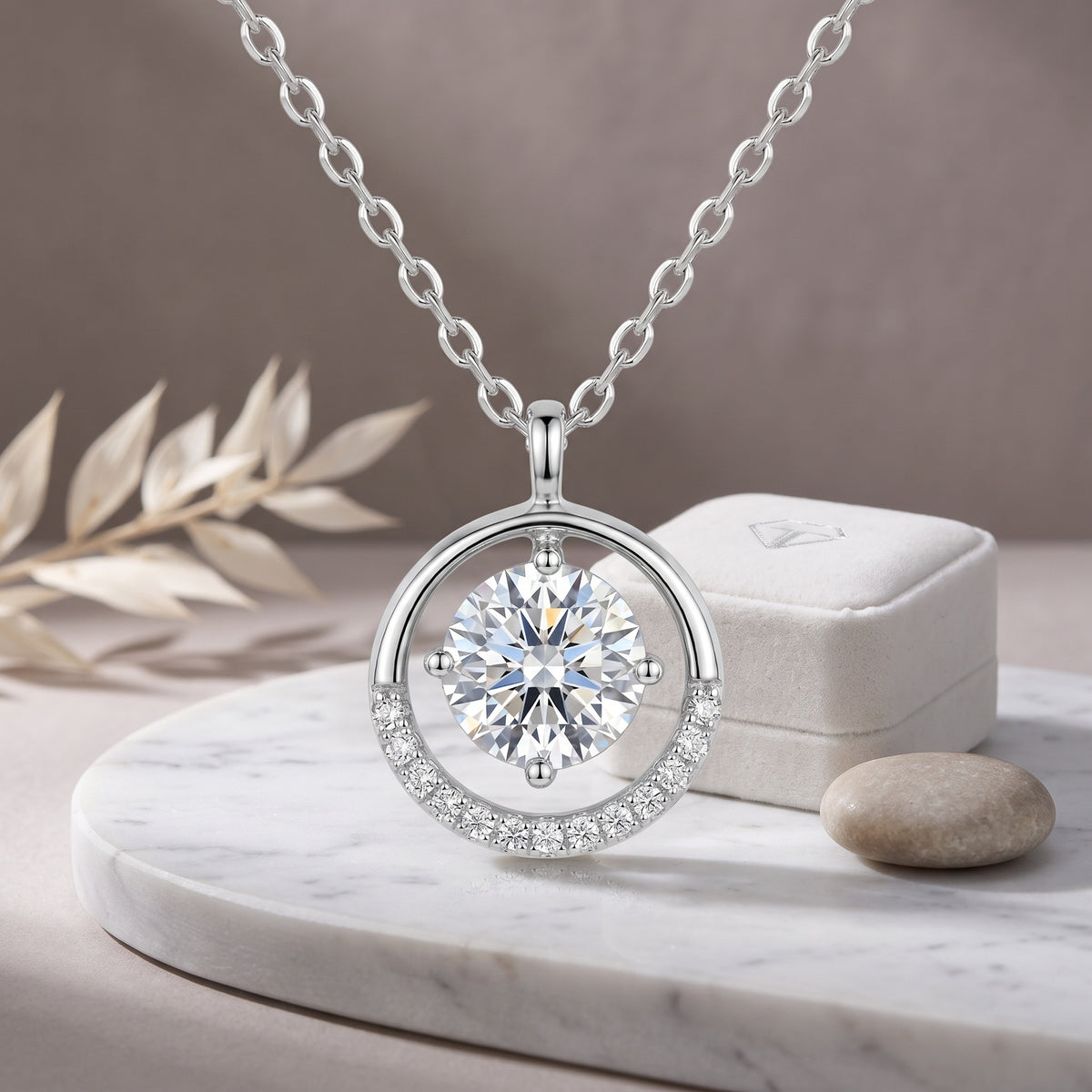 Sterling Silver Round Moissanite Circle Pendant Necklace
