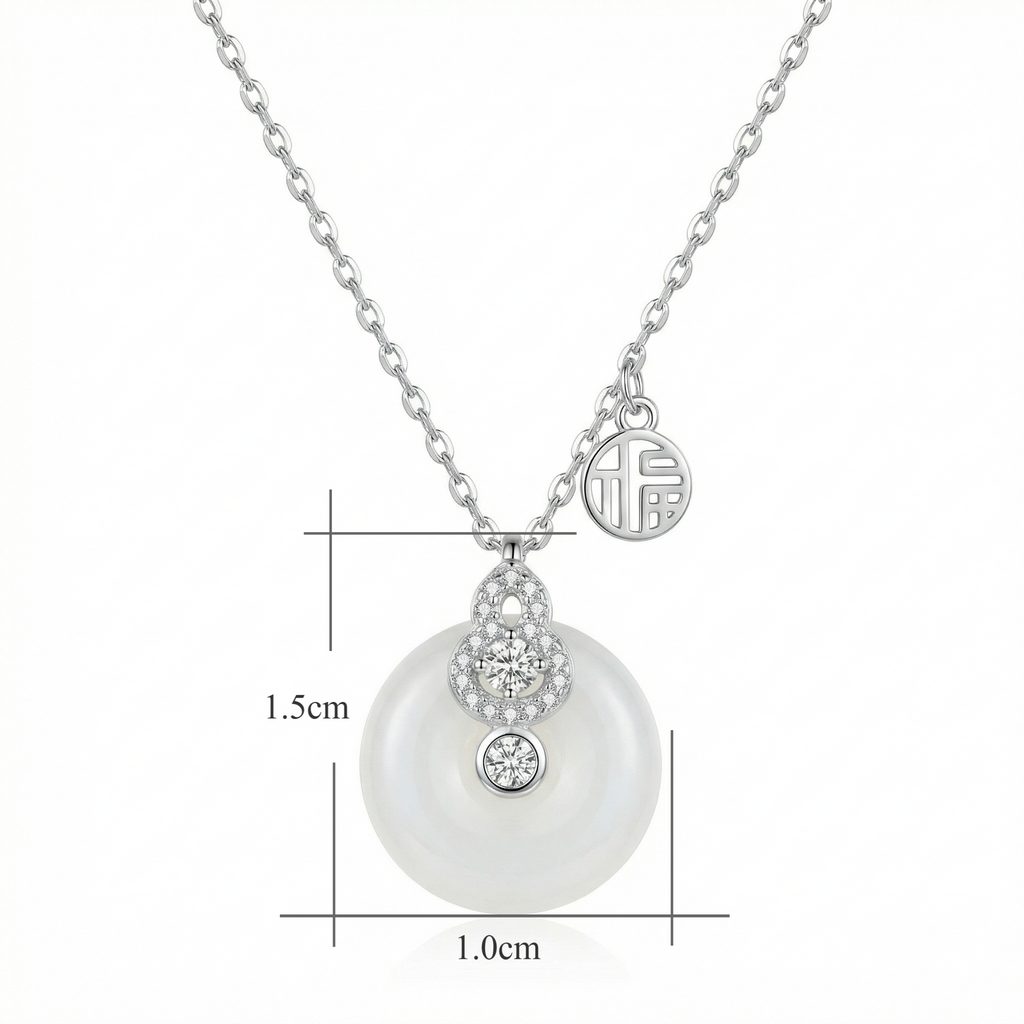 Silver White Jade Gourd Pendant Necklace with Fortune Charm