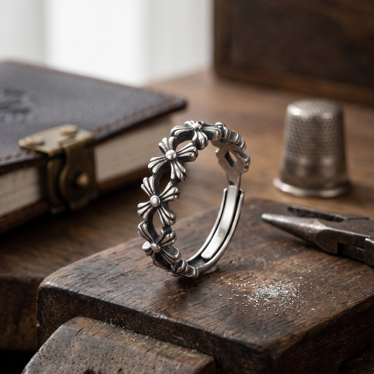 Sterling Silver Adjustable Gothic Cross Floral Ring