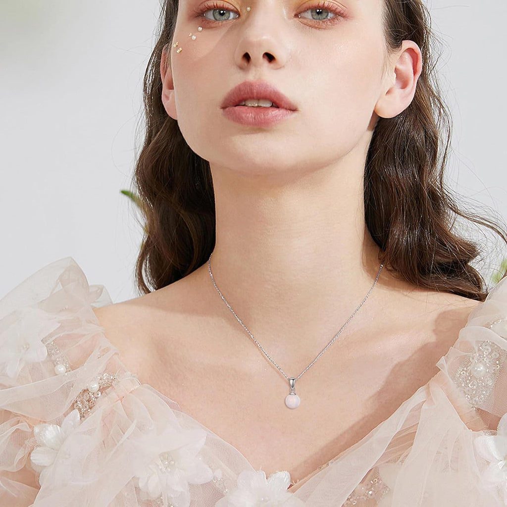 Sterling Silver White Opal Ball Pendant Necklace – October Birthstone