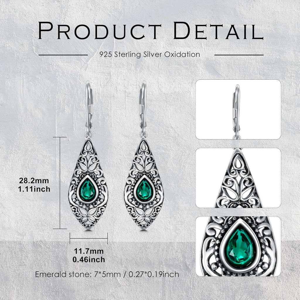 Sterling Silver Oxidised Emerald Drop Earrings – Ornate Teardrop Design
