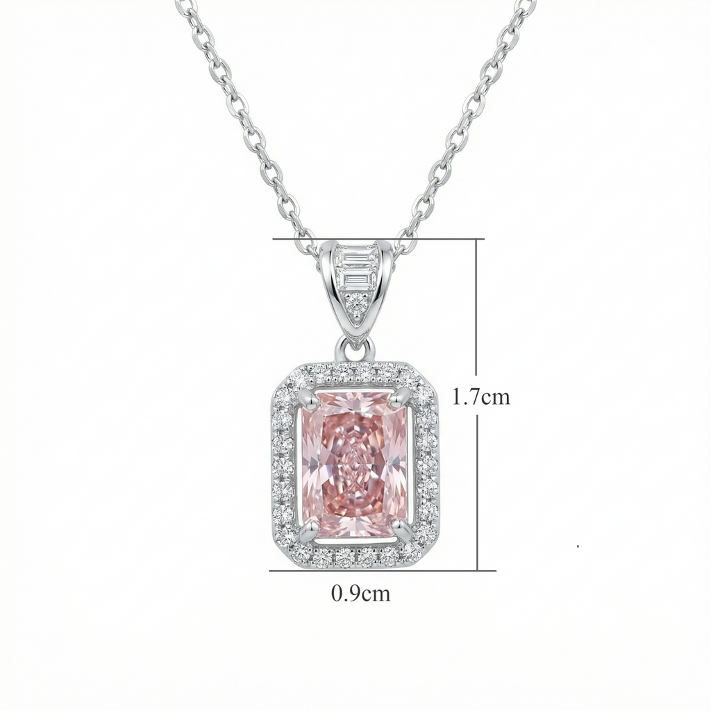 Sterling Silver Pink Radiant-Cut Gemstone Pendant Necklace – Halo Design