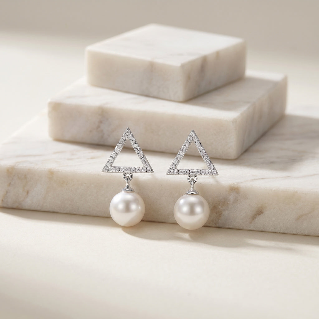 Elegant Triangle CZ Pearl Drop Earrings