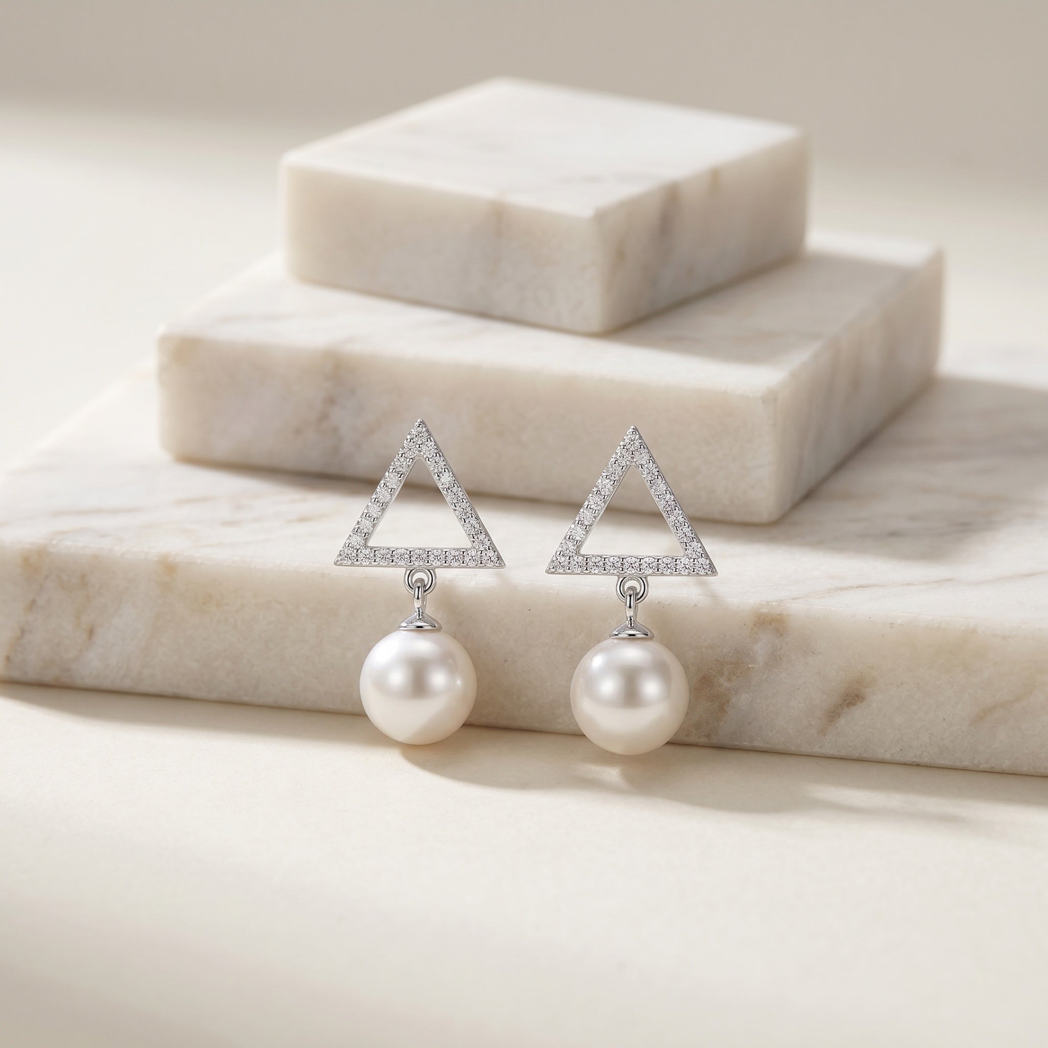 Elegant Triangle CZ Pearl Drop Earrings