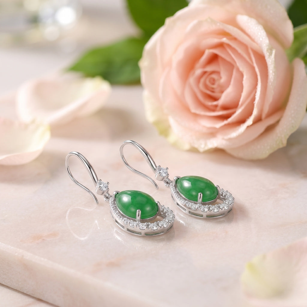 Pear-Shaped Green Jadeite and CZ Drop Earring