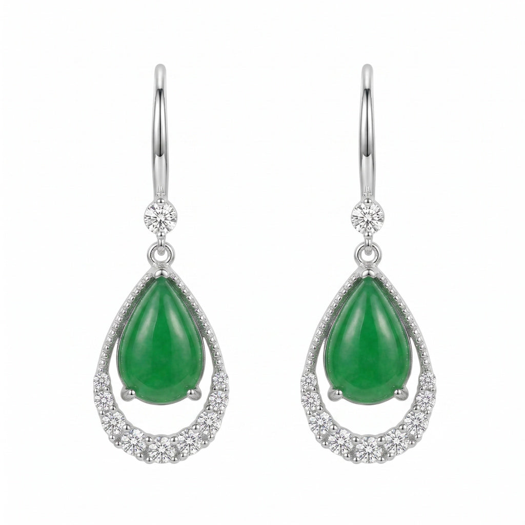 Pear-Shaped Green Jadeite and CZ Drop Earring