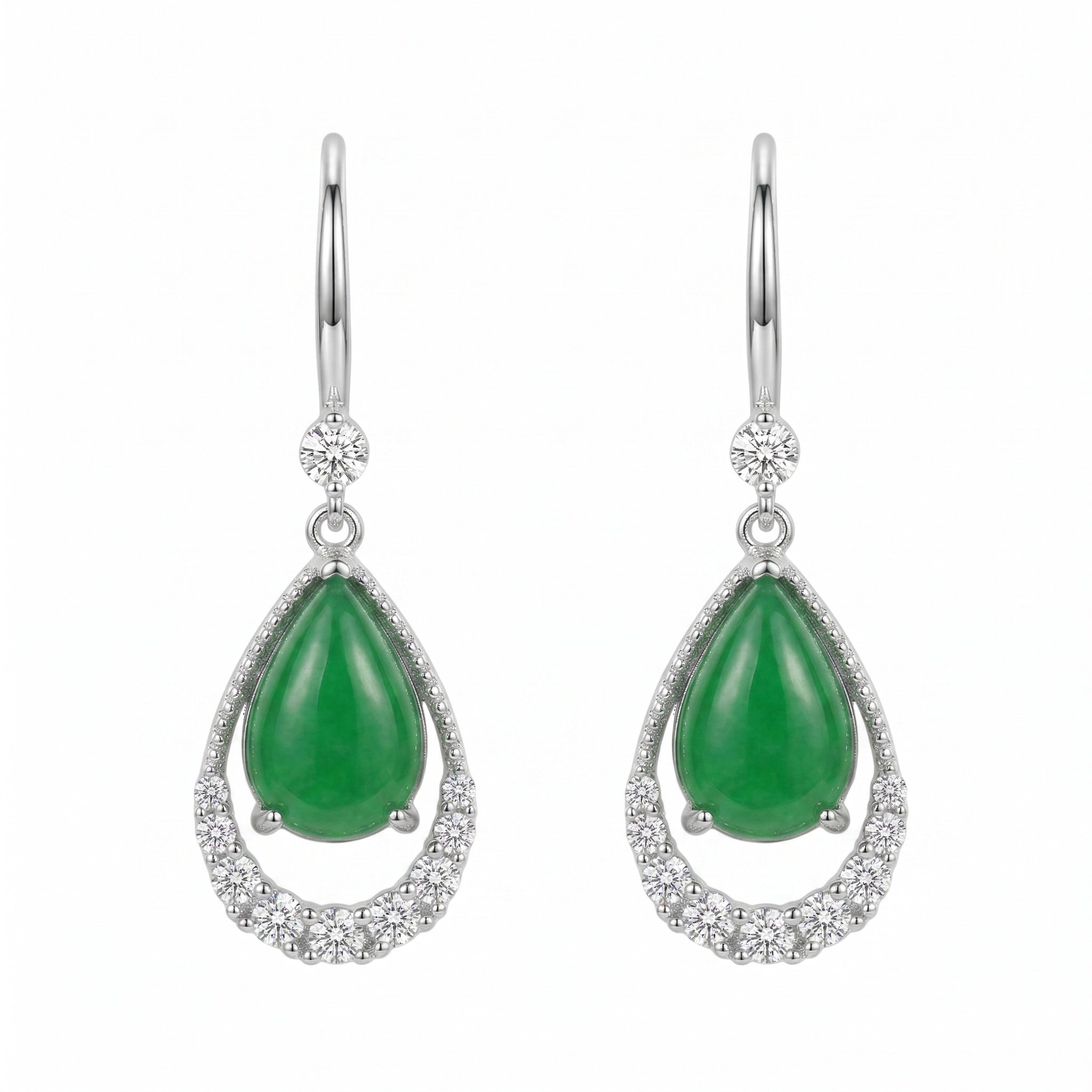 Pear-Shaped Green Jadeite and CZ Drop Earring