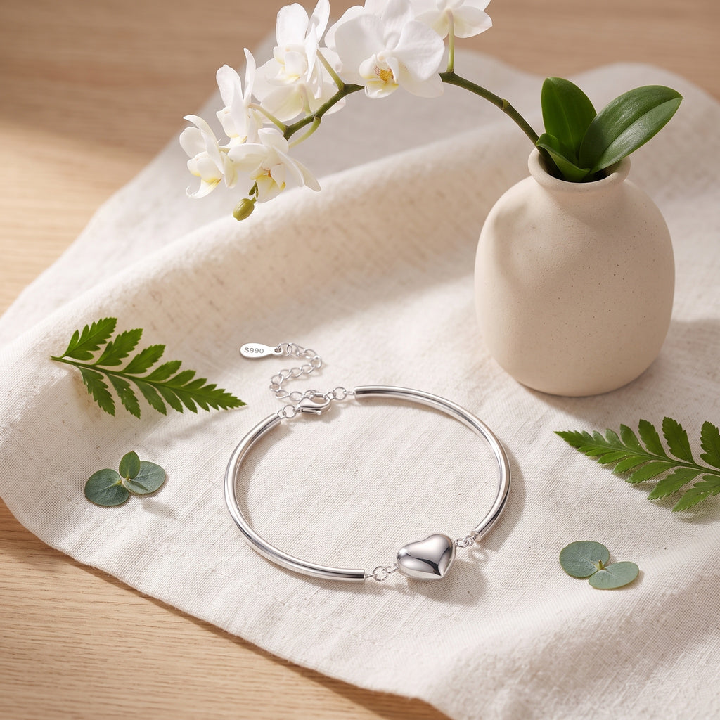 Sterling Silver Puffed Heart Smooth Tube Bracelet