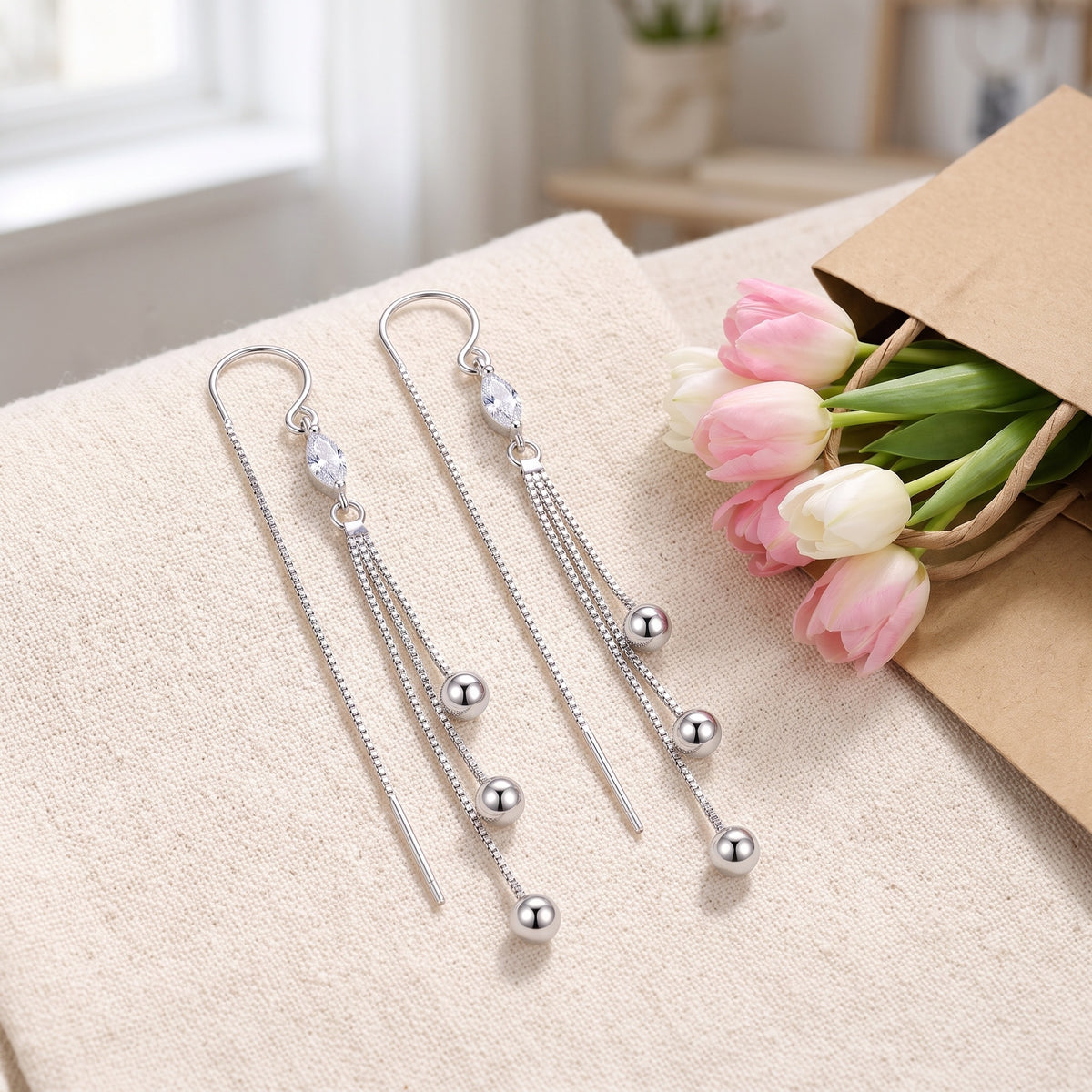 Sterling Silver Marquise Cubic Zirconia Tassel Threader Earrings