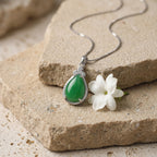 Green Teardrop Pendant Necklace with Sparkling Silver-Tone Halo