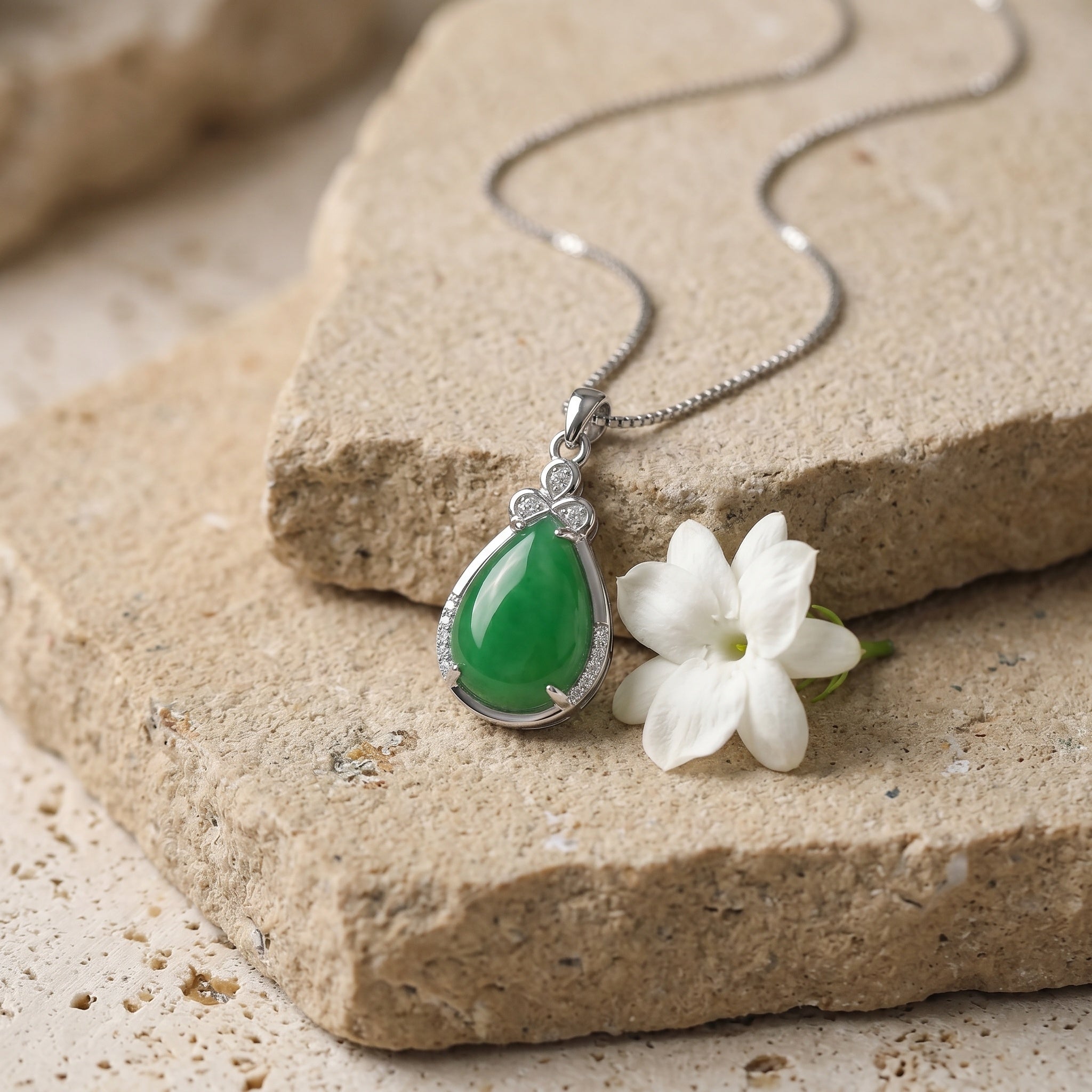 Green Teardrop Pendant Necklace with Sparkling Silver-Tone Halo