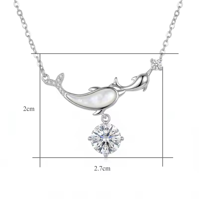 Sterling Silver Dolphin Mother of Pearl Moissanite Pendant Necklace