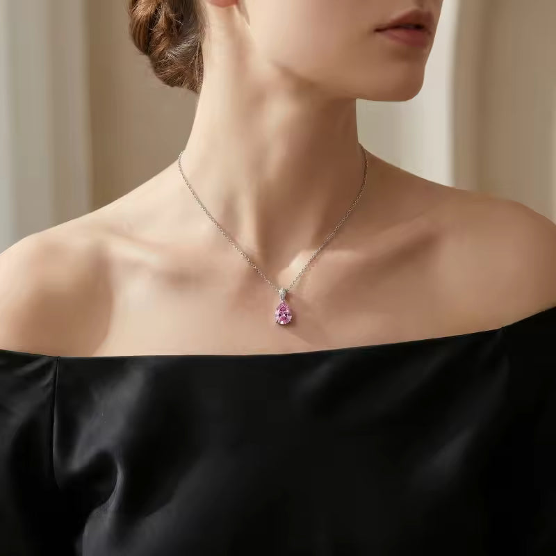 Pink Pear-Cut Pendant Necklace with Sparkling Bail – Silver-Tone Jewellery