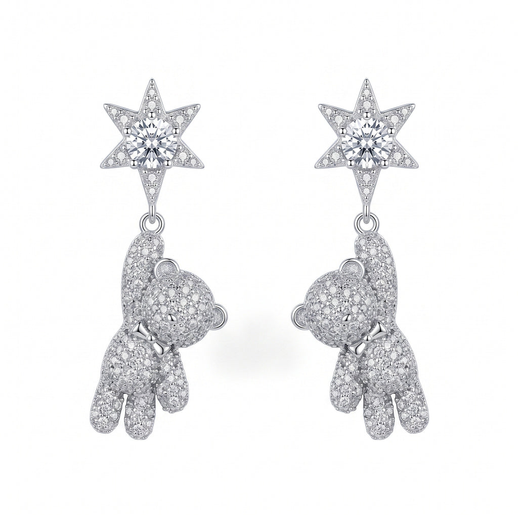 Sterling Silver Star and Teddy Bear Drop Earrings