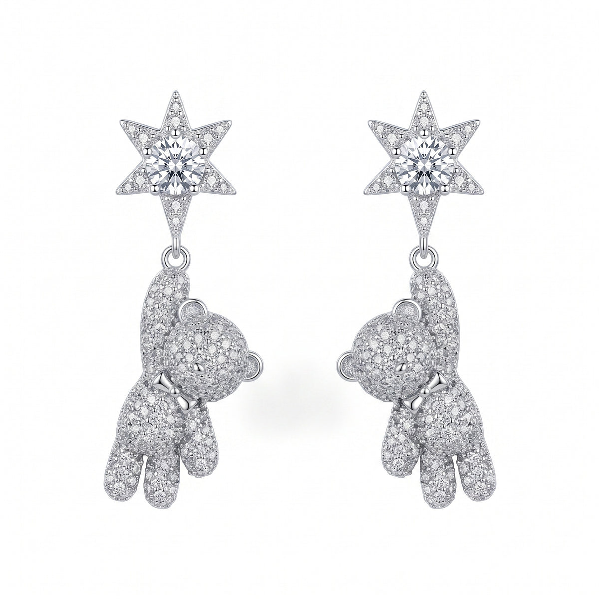 Sterling Silver Star and Teddy Bear Drop Earrings