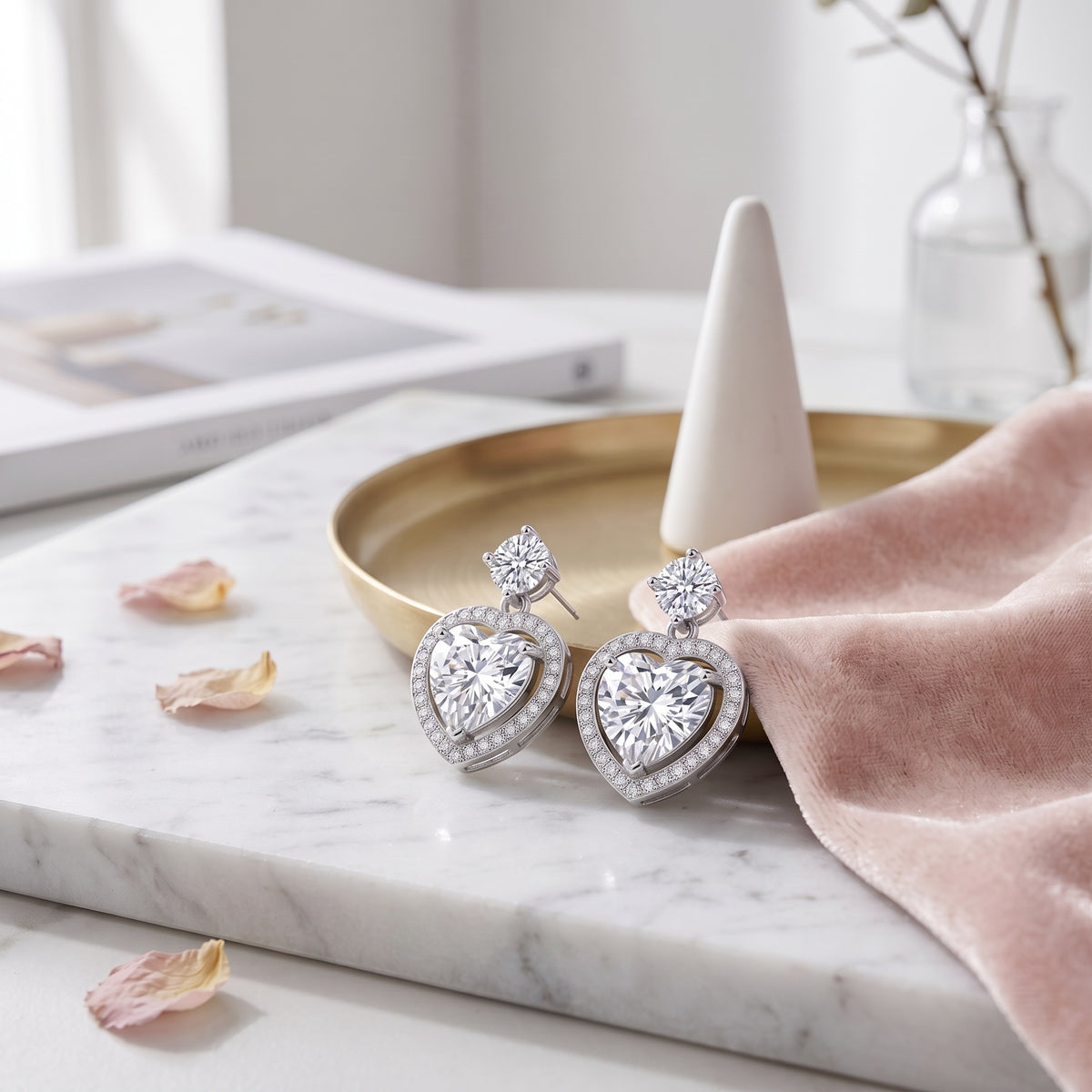 Sterling Silver Moissanite Heart Drop Earrings – Halo Love Design