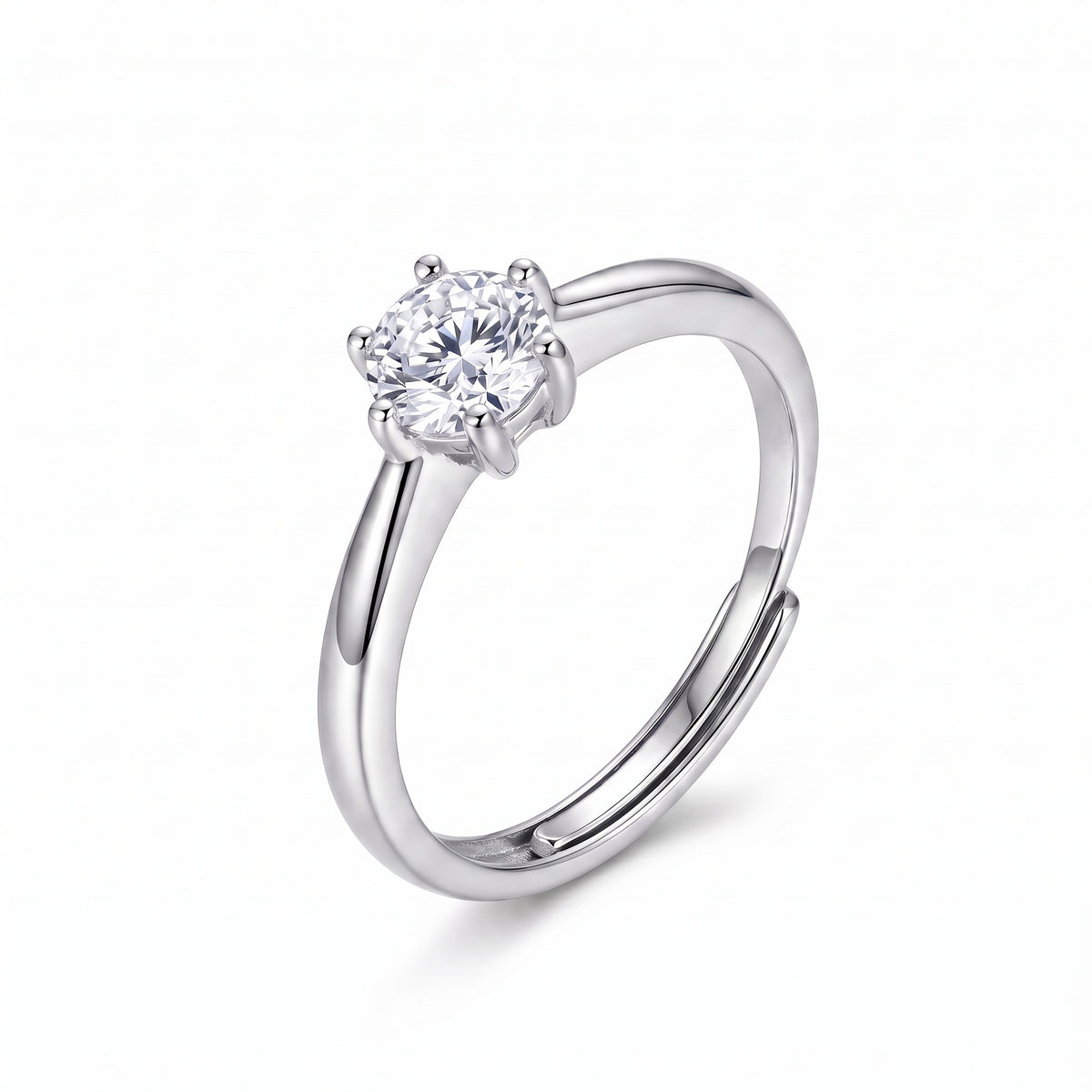 Sterling Silver Adjustable Round Moissanite Six-Prong Solitaire Ring