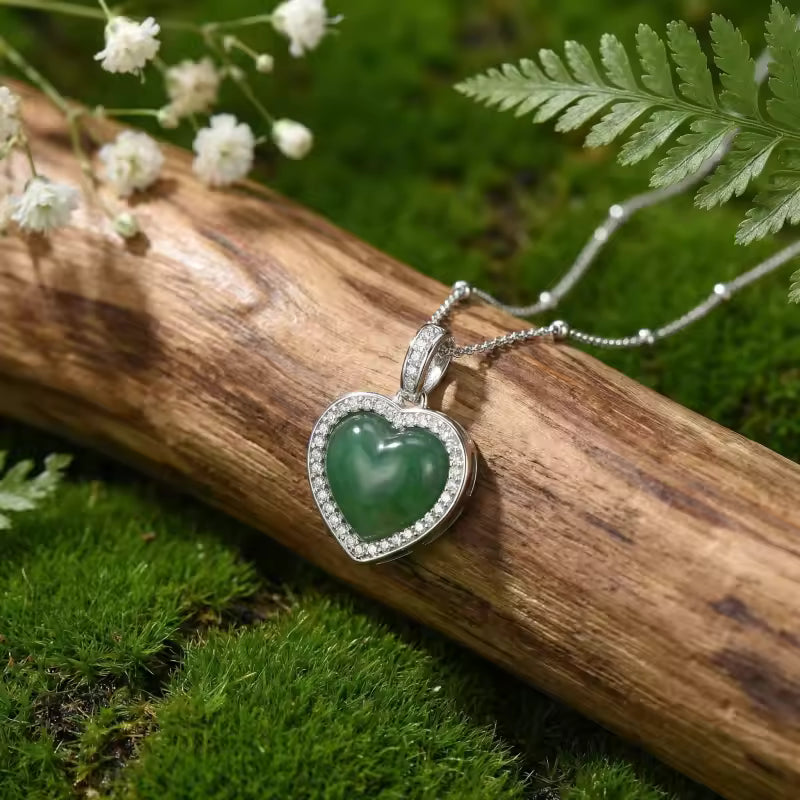 Green Jade Heart Pendant Necklace with CZ Halo